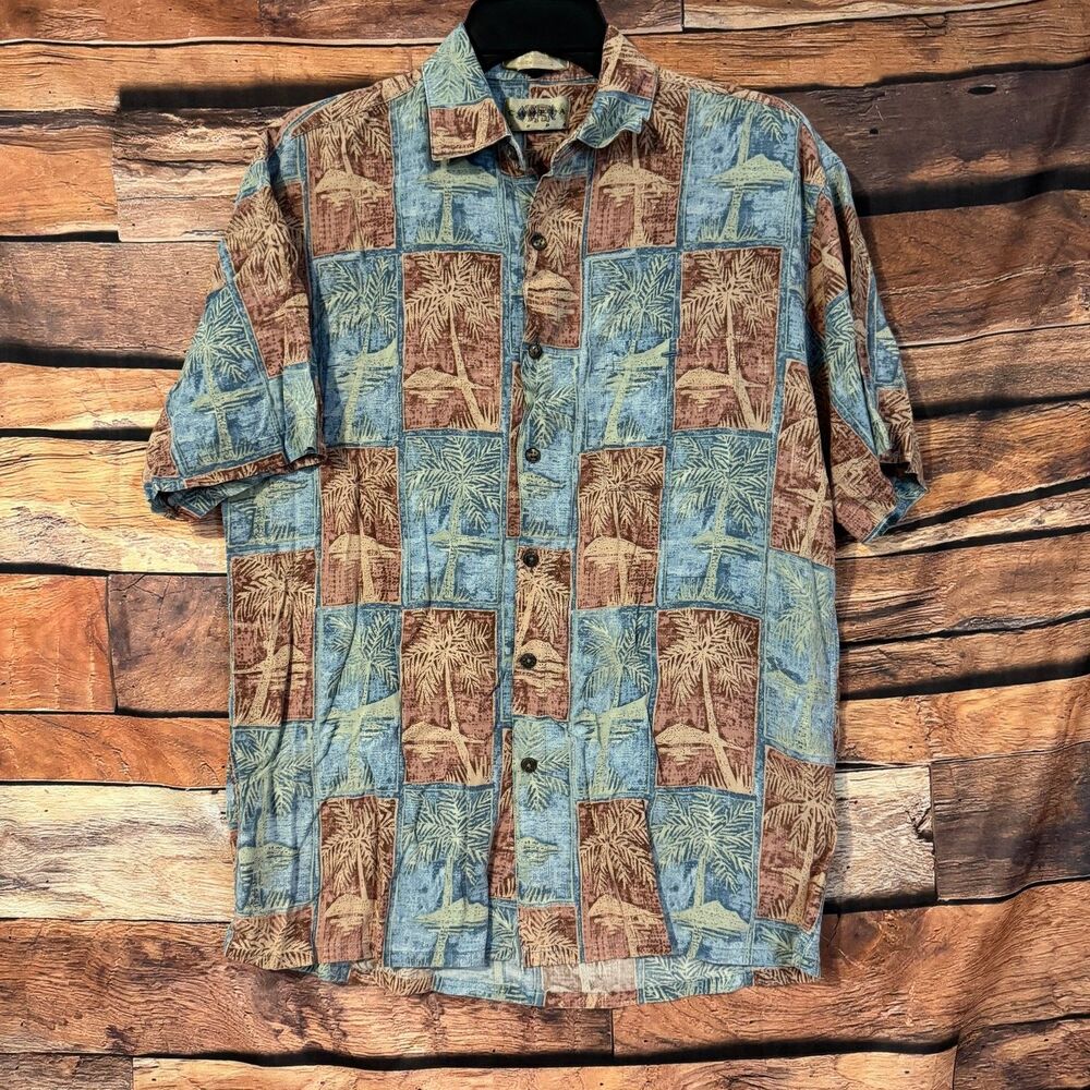 Campa Moda Casual Button-Down Shirt Men’s Multi Blue Brown M Rayon Tropical